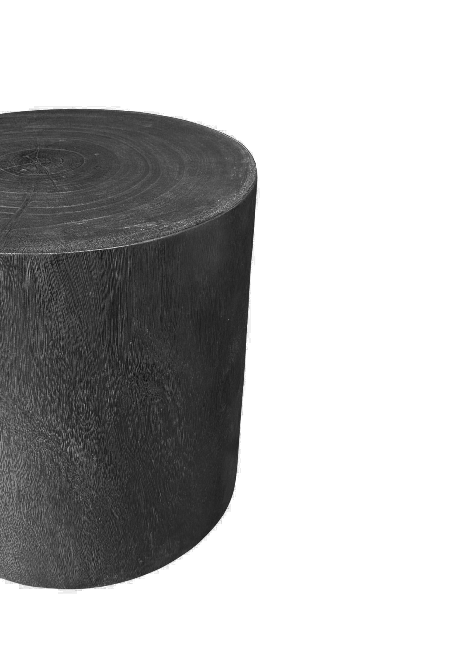 Indonesian Minimalist Solid Suar Wood Round Side Table, Modern Organic, Burnt Finish For Sale