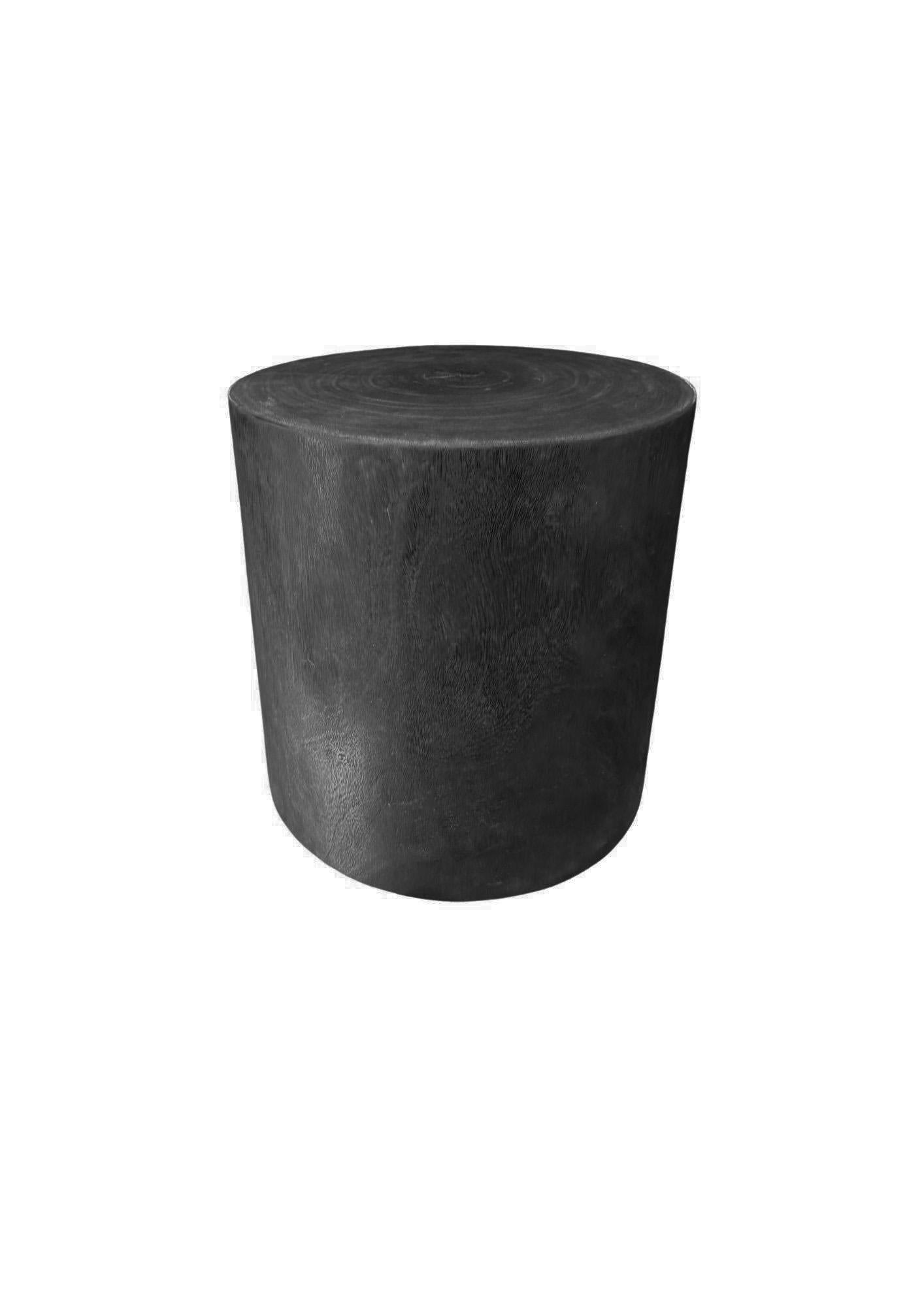 Hand-Crafted Minimalist Solid Suar Wood Round Side Table, Modern Organic, Burnt Finish For Sale