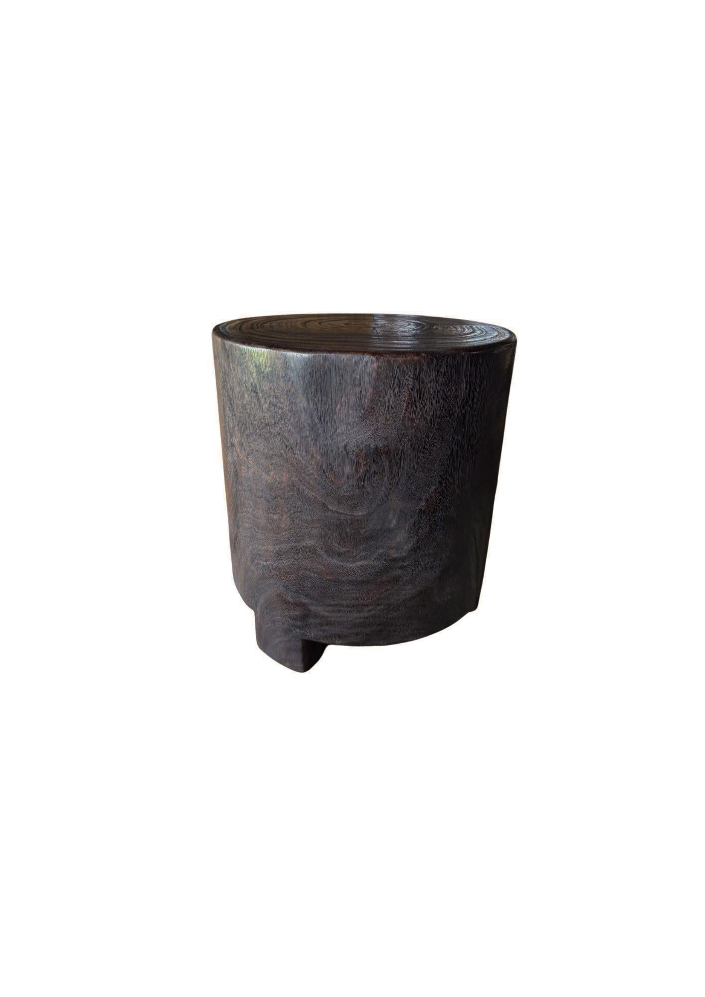 Indonesian Minimalist Solid Suar Wood Round Side Table, Modern Organic, Espresso Finish For Sale