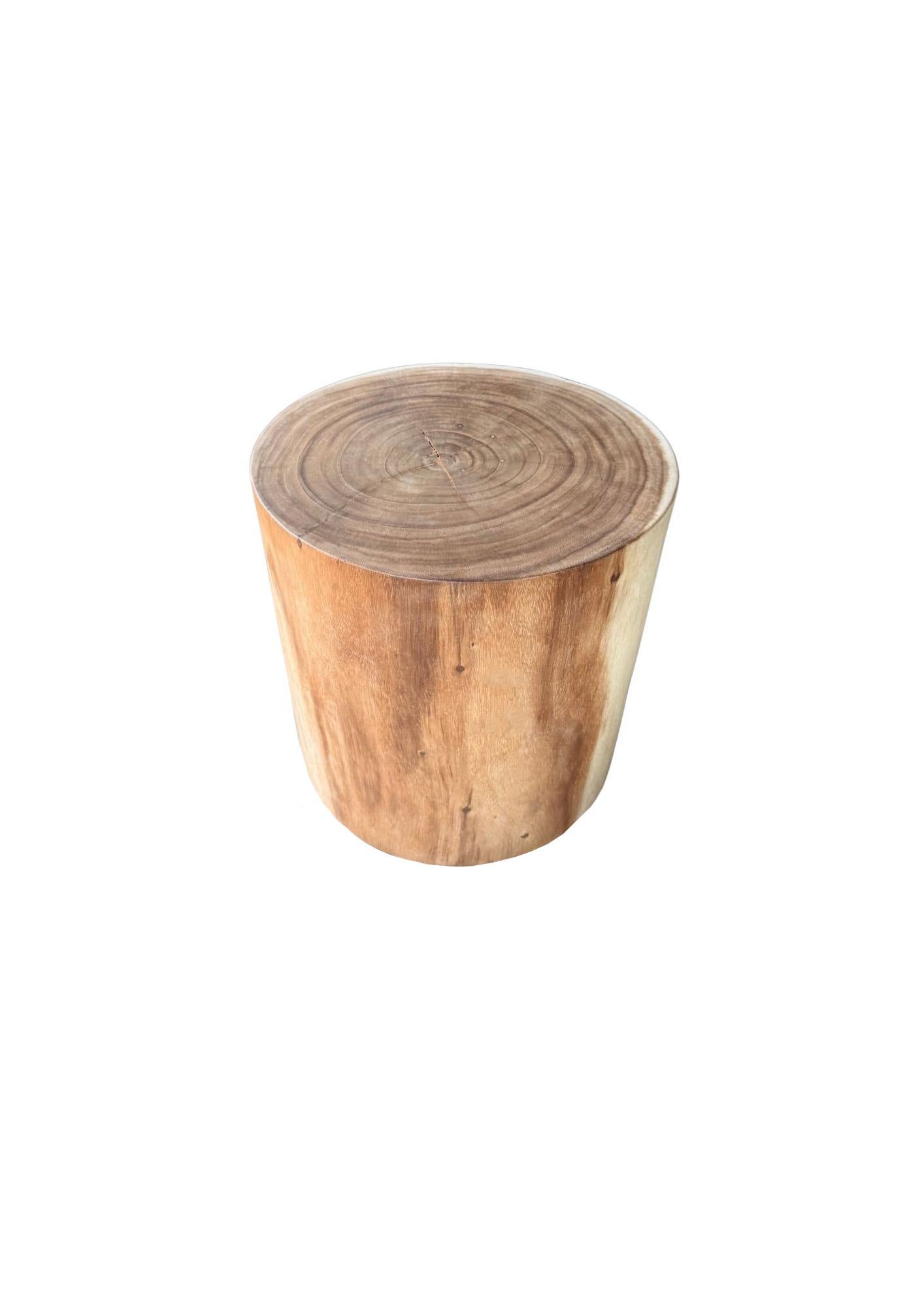 Organic Modern Minimalist Solid Suar Wood Round Side Table, Modern Organic, Natural Finish For Sale