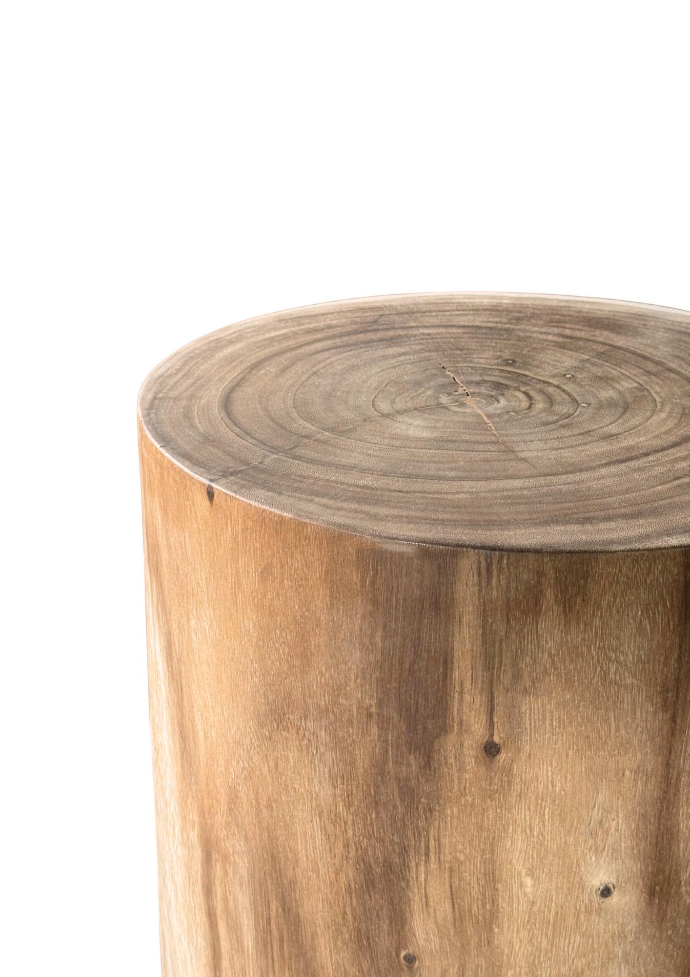 Indonesian Minimalist Solid Suar Wood Round Side Table, Modern Organic, Natural Finish For Sale