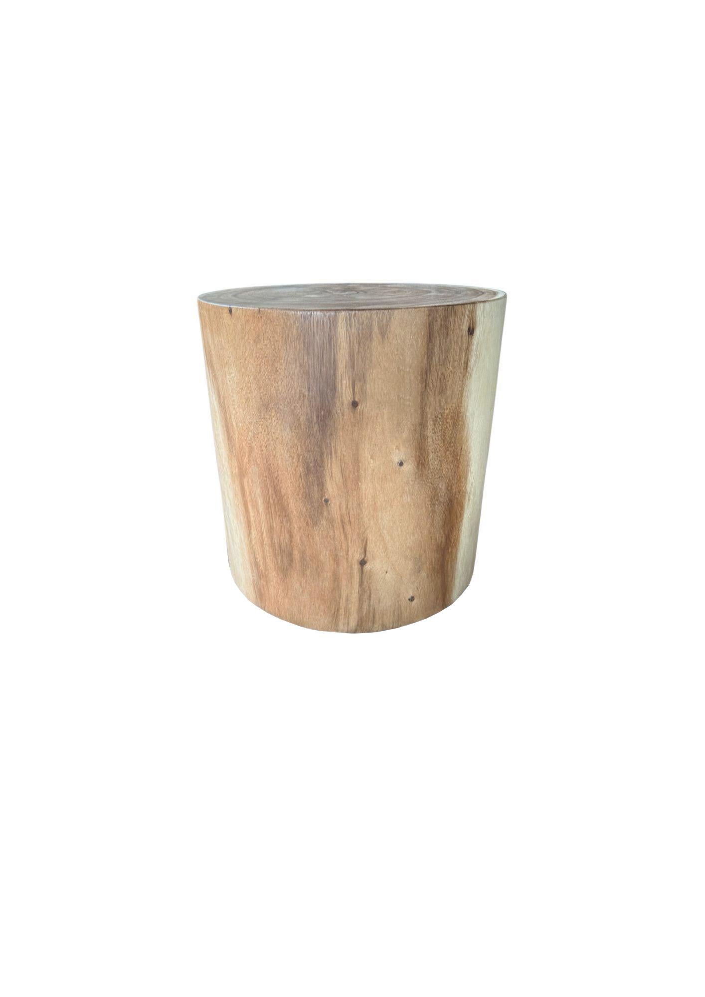 Hand-Crafted Minimalist Solid Suar Wood Round Side Table, Modern Organic, Natural Finish For Sale