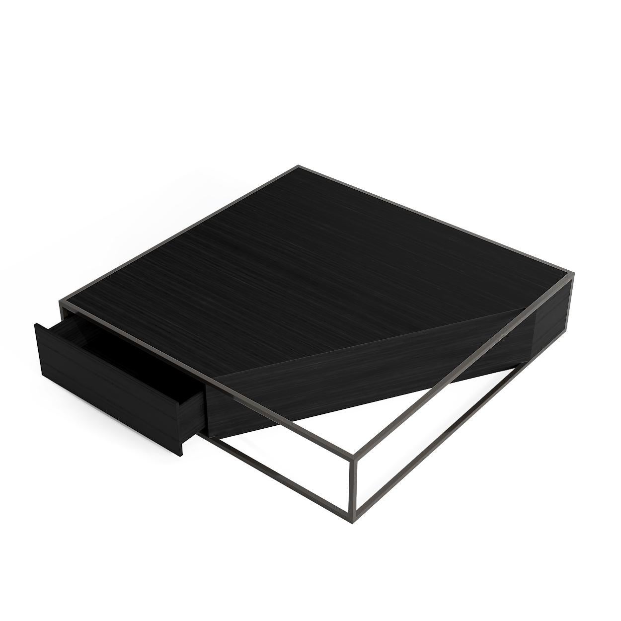 Brushed Modern Minimalist Square Center Coffee Table Black Oak Wood and Black Lacquer For Sale