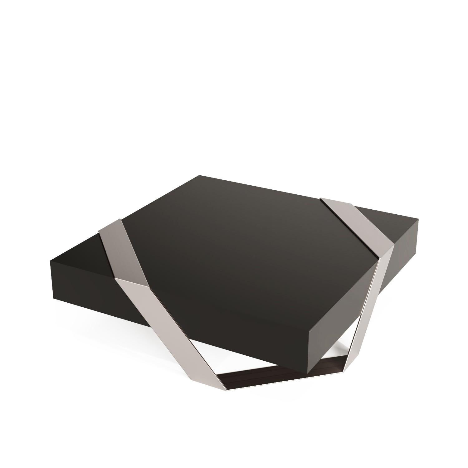 Portuguese Modern Minimalist Square Coffee Table Black Lacquer Brushed Stainless Steel For Sale