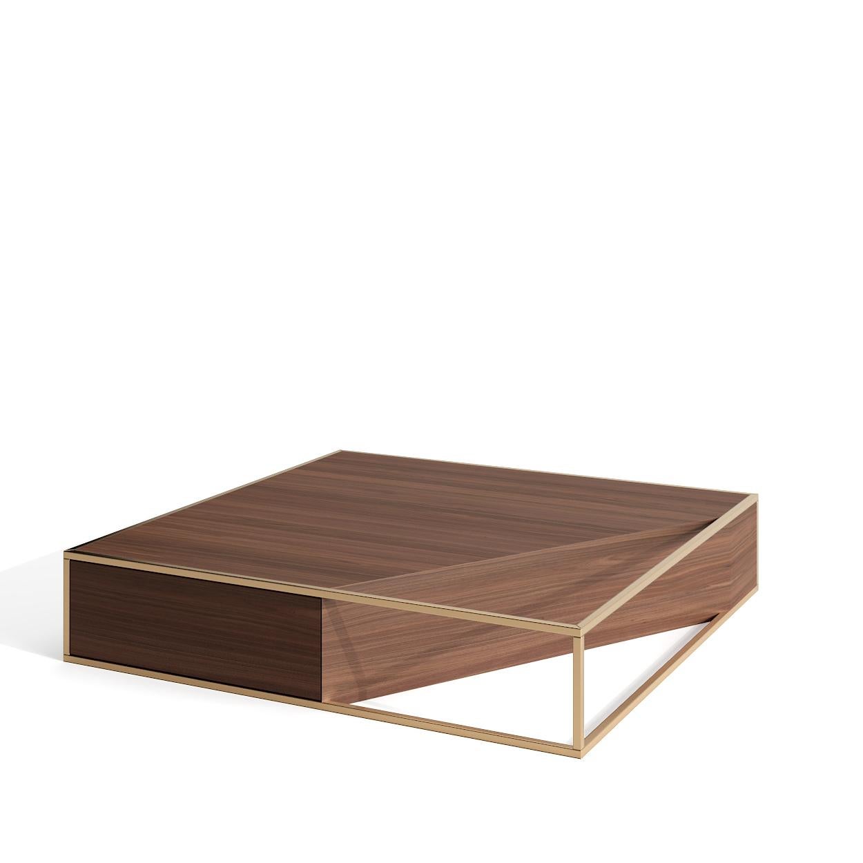 Table basse carrée moderne et minimaliste en bois de chêne et acier inoxydable brossé en vente 2