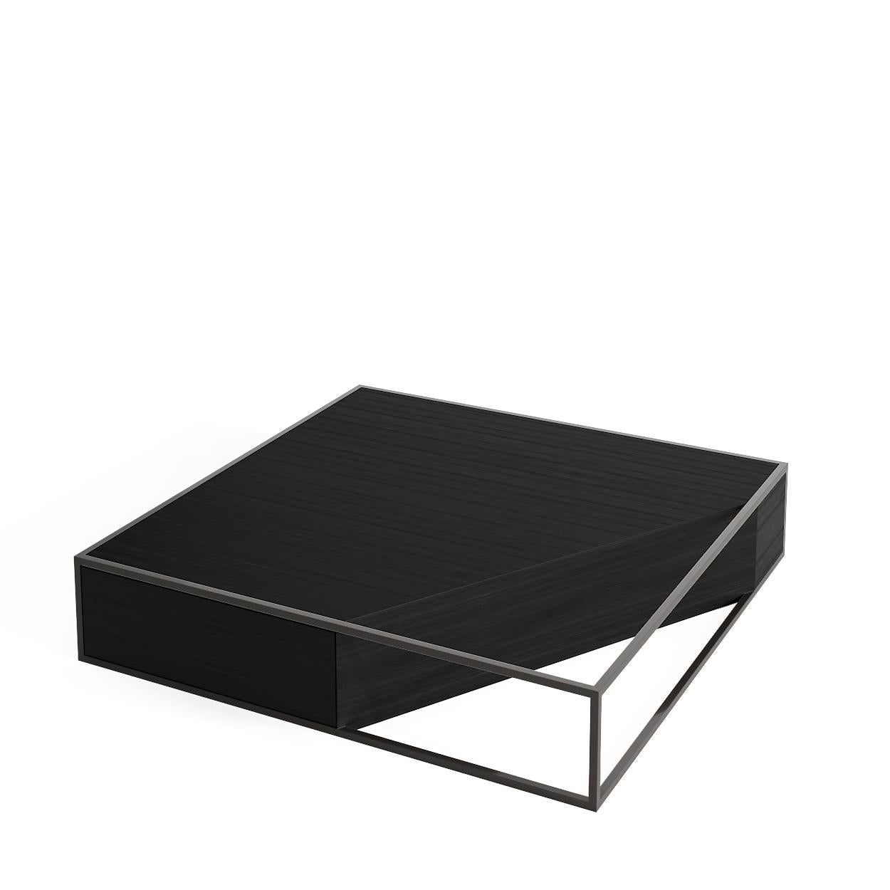 Table basse carrée moderne et minimaliste en bois de chêne et acier inoxydable brossé en vente 7