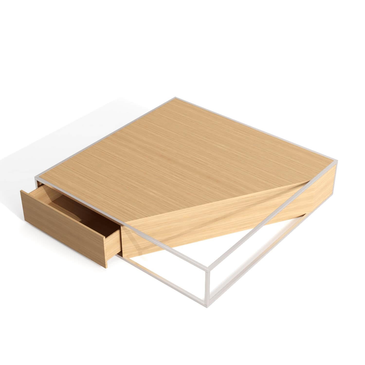 Portugais Table basse carrée moderne et minimaliste en bois de chêne et acier inoxydable brossé en vente