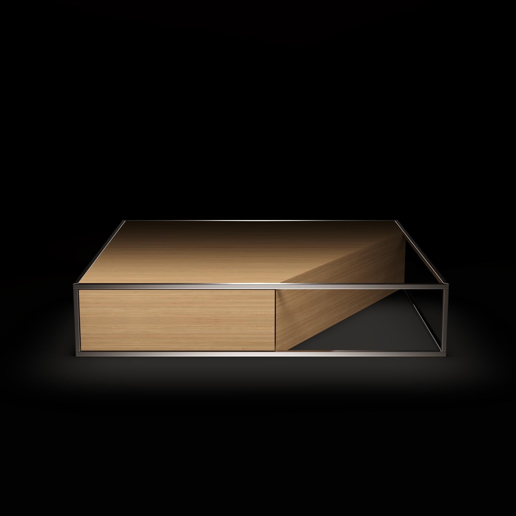 Brossé Table basse carrée moderne et minimaliste en bois de chêne et acier inoxydable brossé en vente