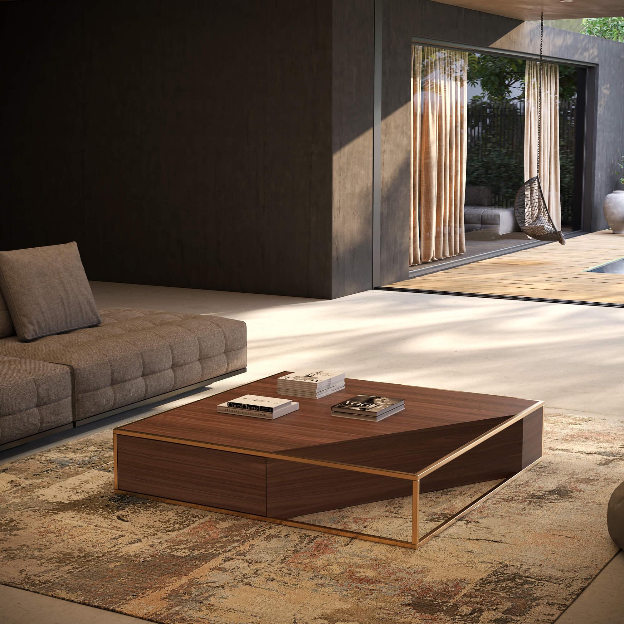 XXIe siècle et contemporain Table basse carrée moderne et minimaliste en bois de chêne et acier inoxydable brossé en vente