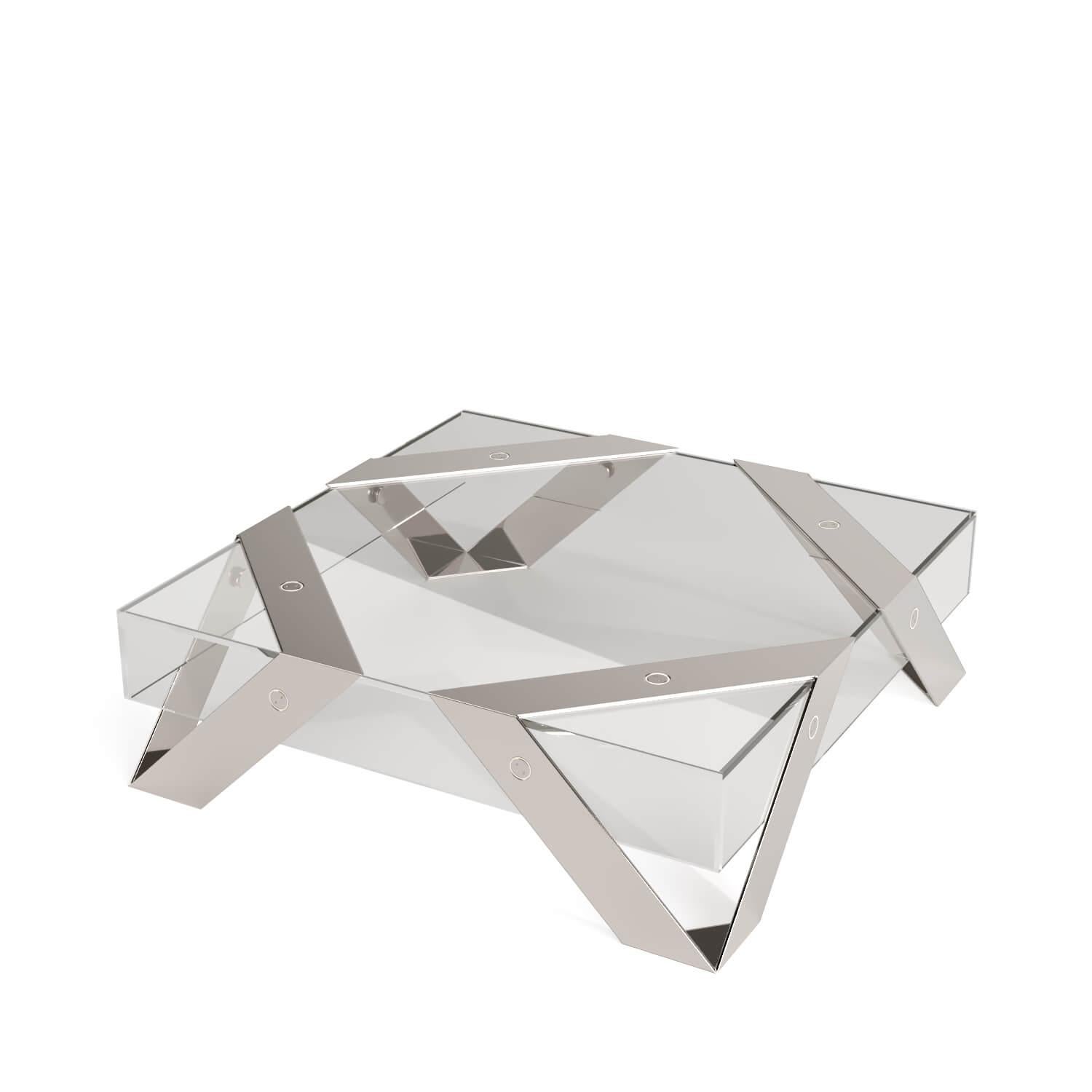 Portuguese Modern Minimalist Square Center Coffee Table Tempered Glass and Stainless Steel For Sale