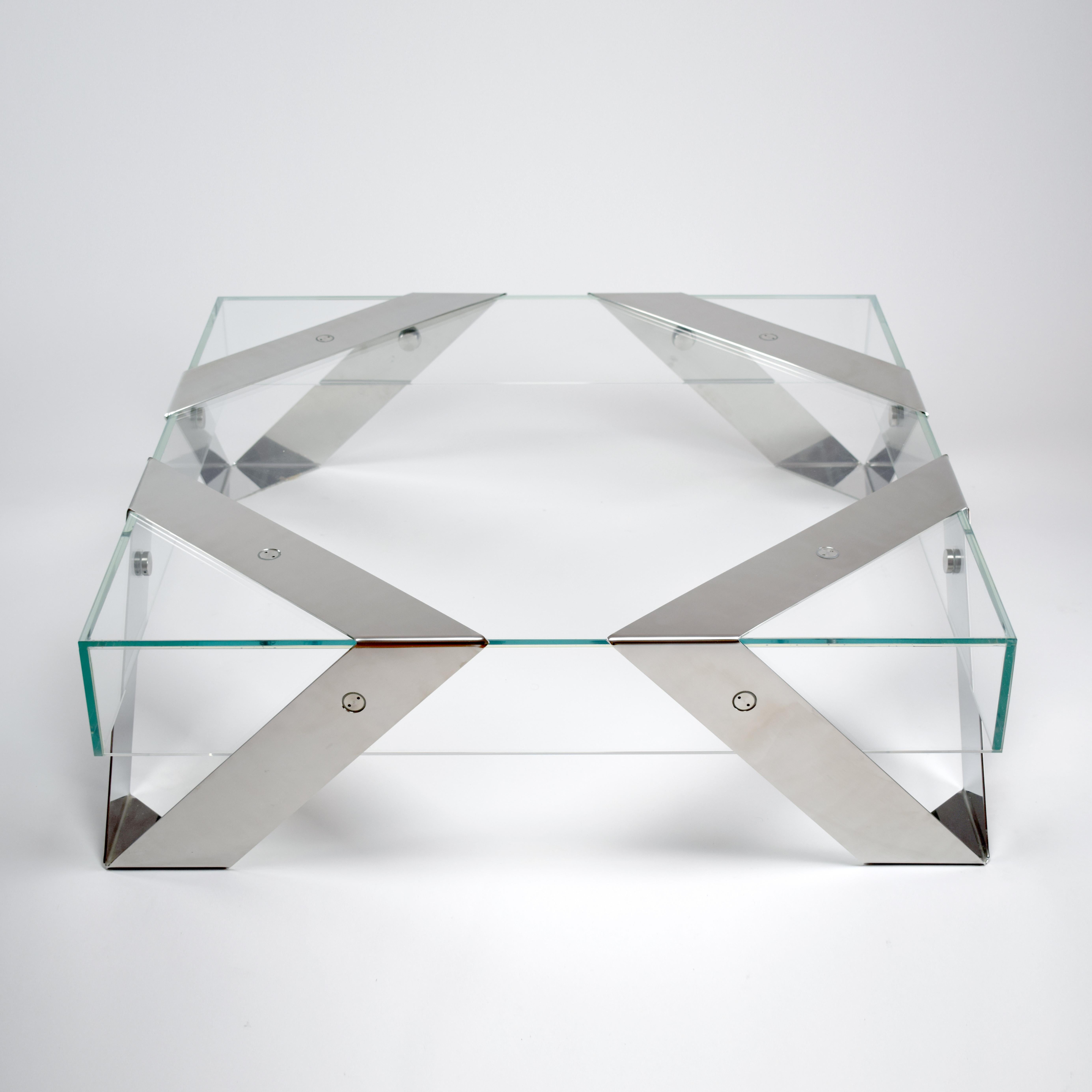 Brushed Modern Minimalist Square Center Coffee Table Tempered Glass and Stainless Steel For Sale