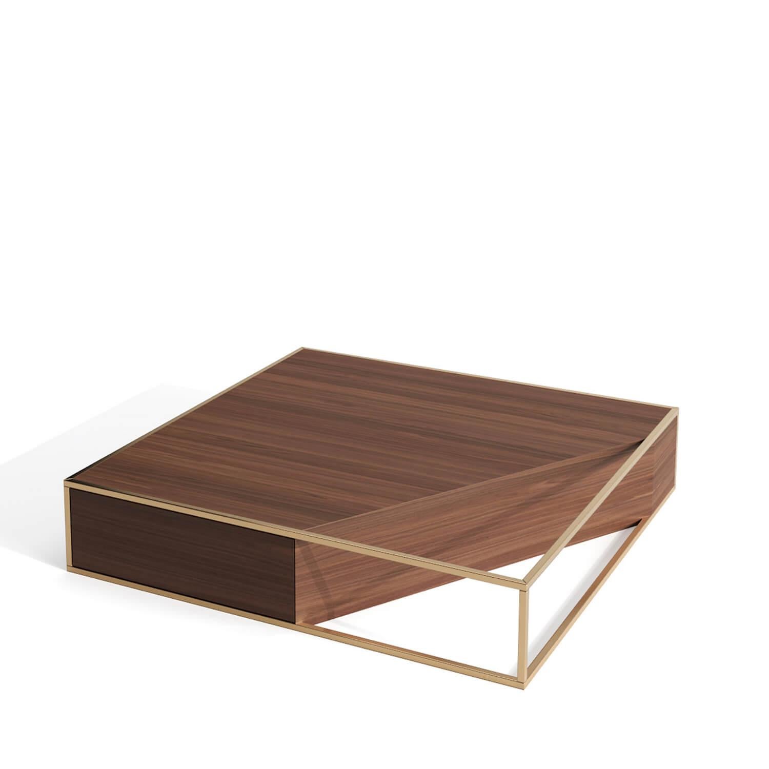 Portuguese Modern Minimalist Square Center Coffee Table in Walnut Wood and Brushed Brass For Sale
