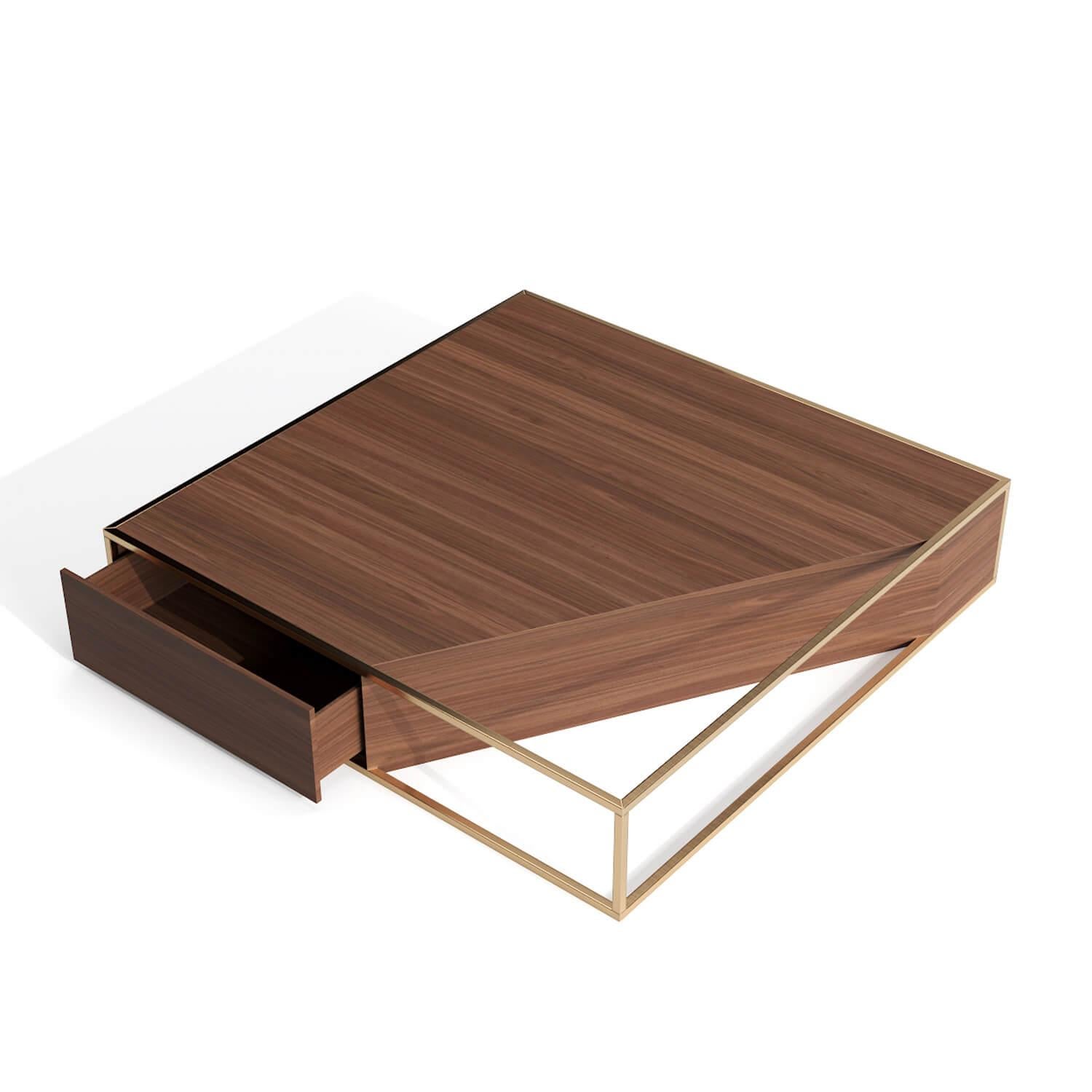 Polished Modern Minimalist Square Center Coffee Table in Walnut Wood and Brushed Brass For Sale