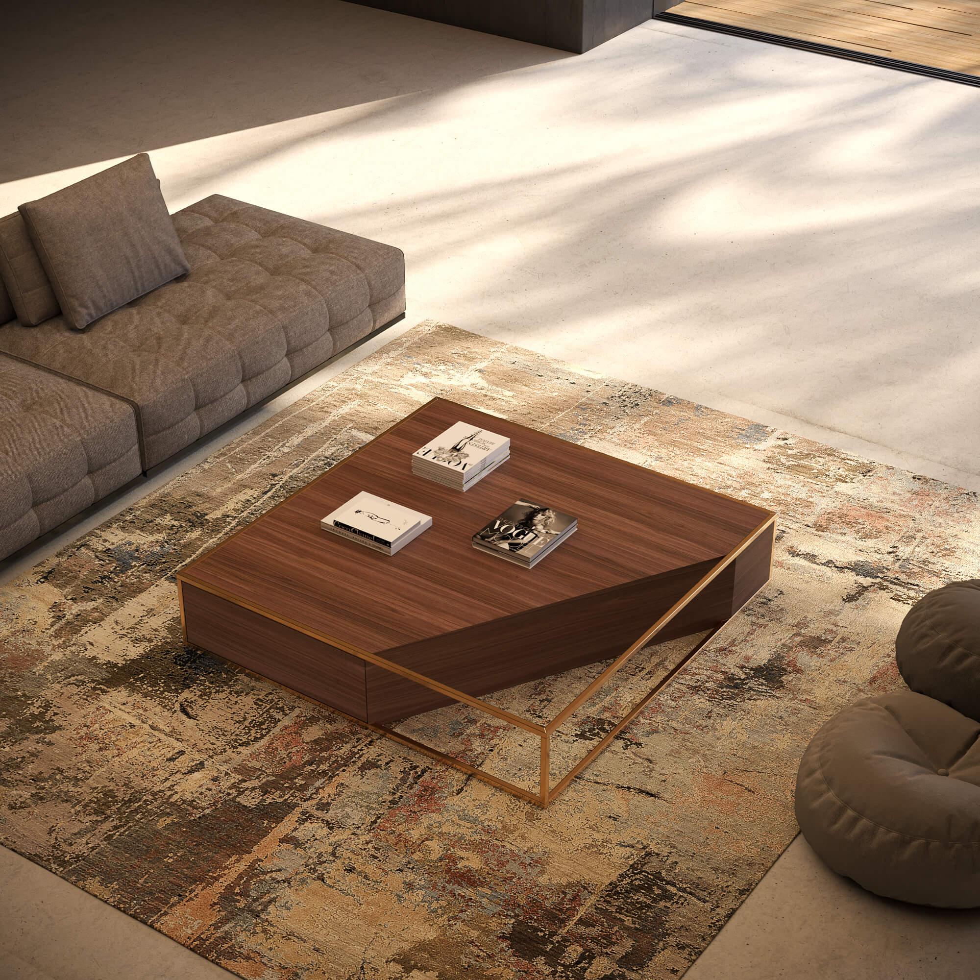 XXIe siècle et contemporain Table basse centrale carrée moderne et minimaliste en bois de noyer et laiton brossé en vente