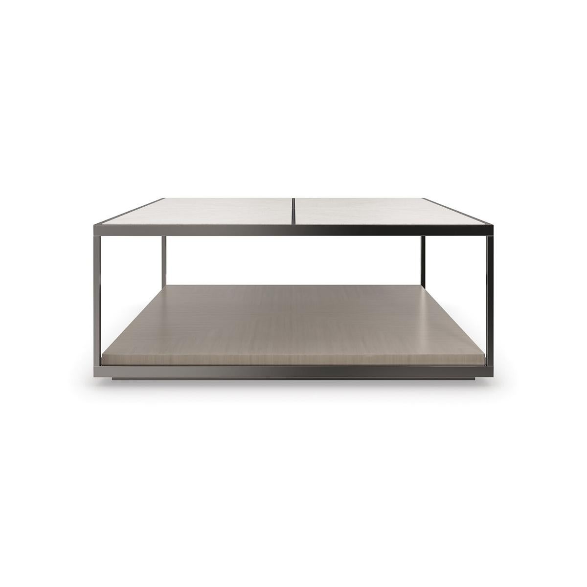 With a travertine stone top, deep bronze finished metal frame and a lower-tier shelf. Perfectly proportioned with a minimalist aesthetic, it seamlessly aligns the beauty of wood with metal and stone. Offers ample space for displaying art books and