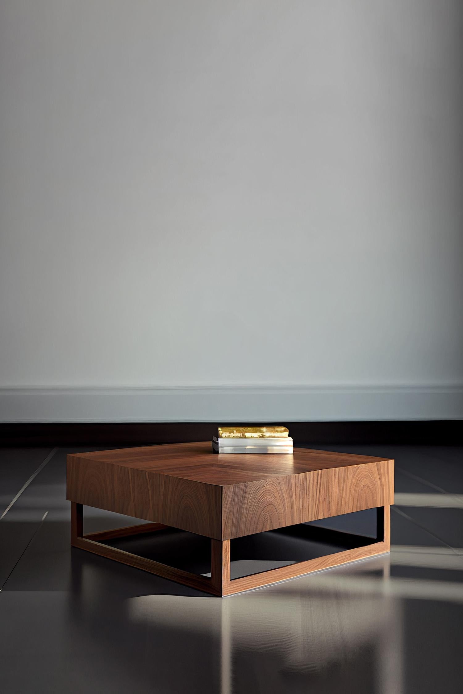 Contemporary Minimalist Square Coffee Table in Walnut Veneer, Table by Joel Escalona  For Sale