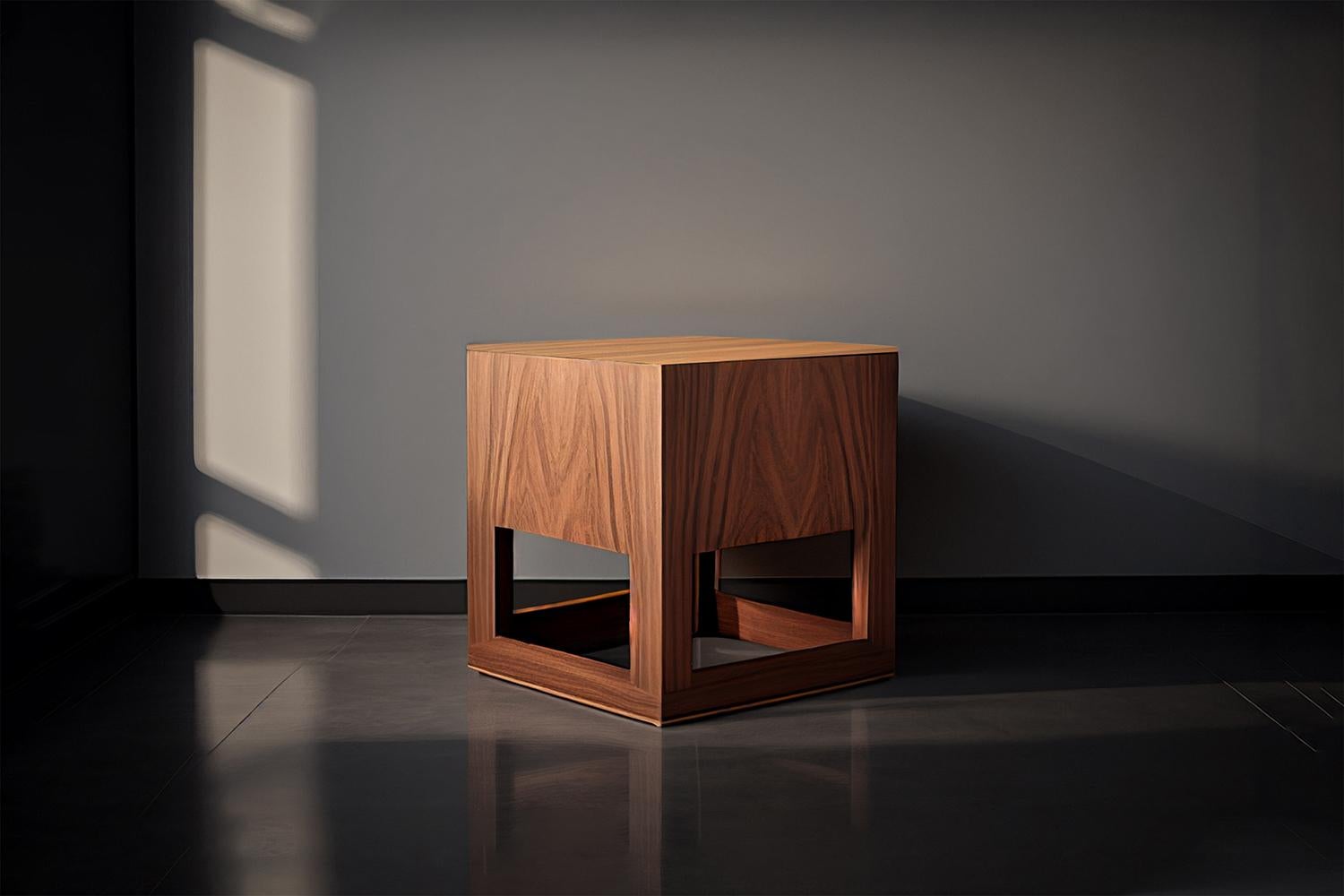 Minimalist Square Side Table In Walnut Veneer, Nightstand by Joel Escalona 

The Basilica Tables, designed by Joel Escalona for NONO furniture, embody a union of elegance and practicality. They promote a contemporary lifestyle, fit for a home with
