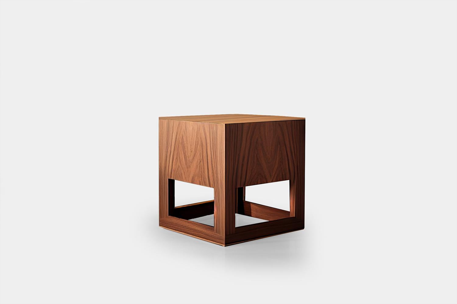 Mexican Minimalist Square Side Table In Walnut Veneer, Nightstand by Joel Escalona  For Sale