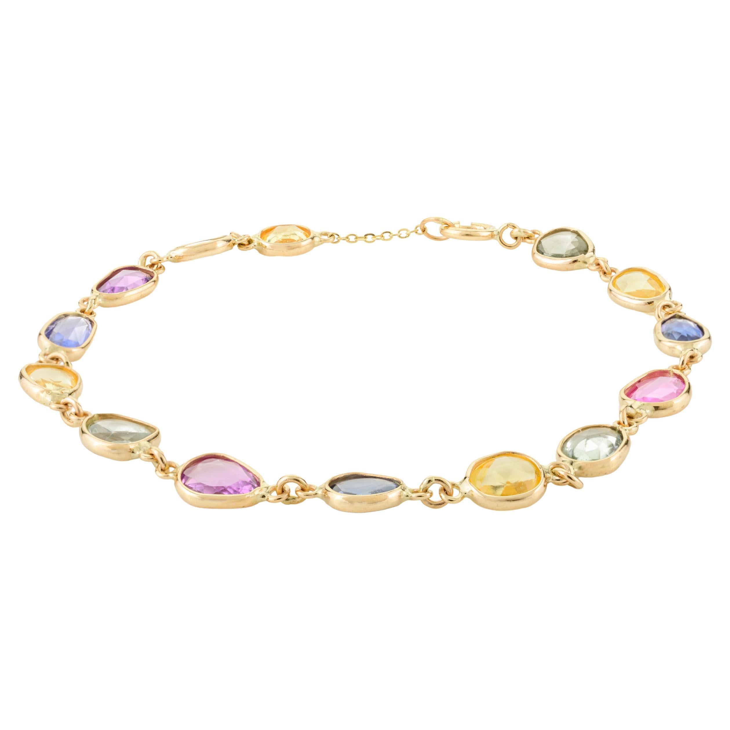 Minimalistisches stapelbares Multi-Saphir-Kettenarmband aus 18 Karat Gelbgold für sie mit mehreren Saphiren