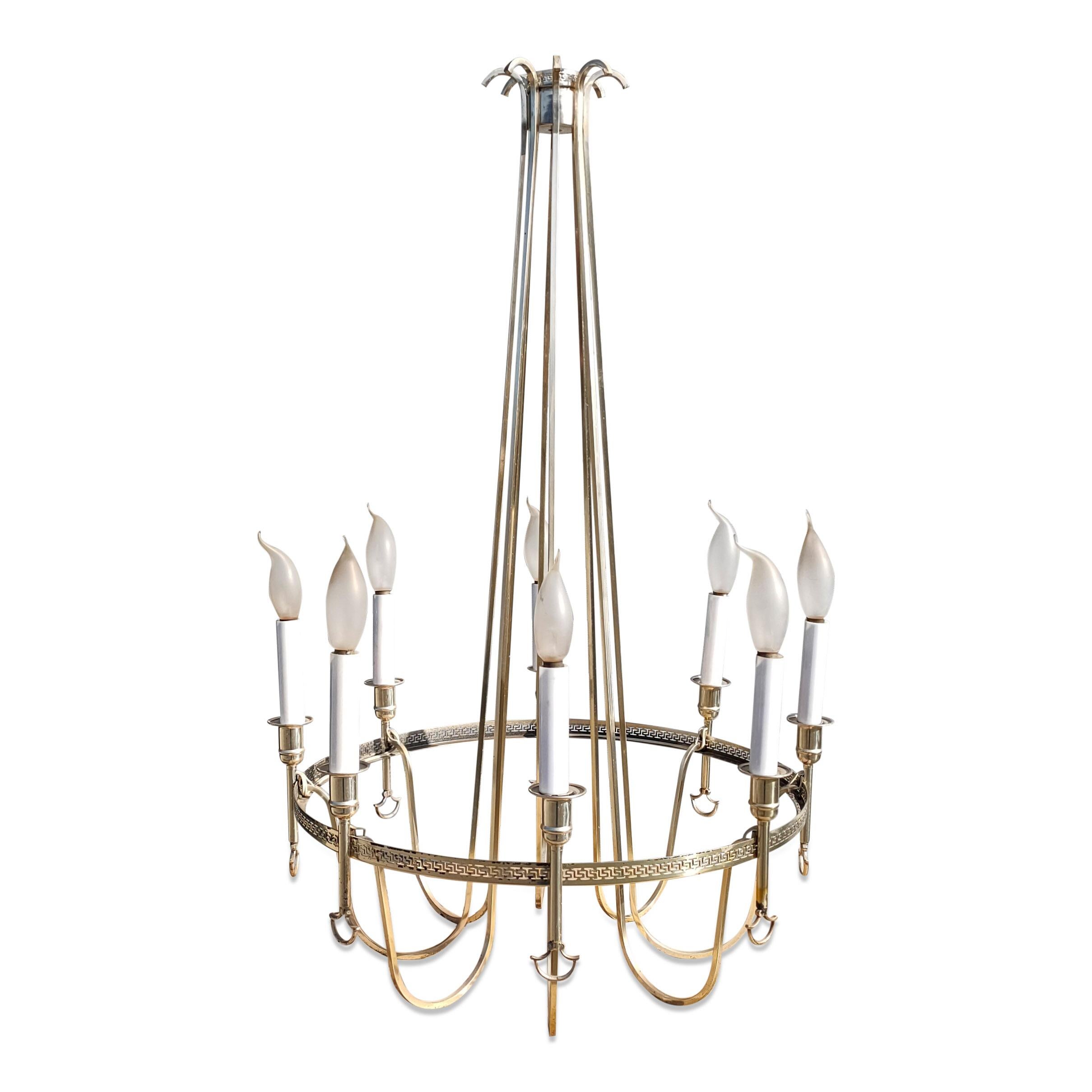1970's neo classical solid stainless steel chandelier
Circular frieze and upper part ornaments
European sockets and wiring
The chandlier will ship without the bulbs.