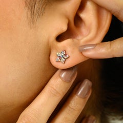 Minimalist Star Shaped Stud Earrings in Natural Multi Sapphire 14K White Gold
