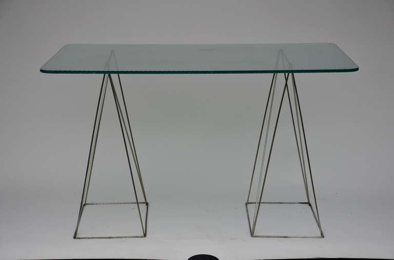 French Minimalist Steel And Glass Trestle Table For Sale