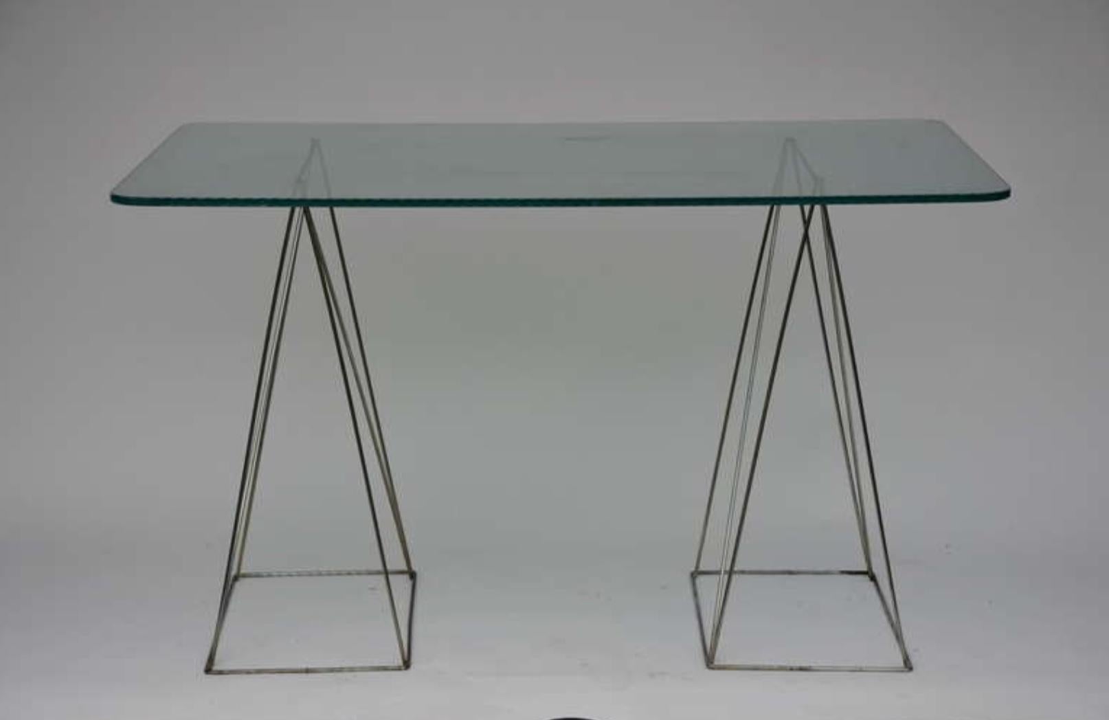 French Minimalist Steel and Glass Trestle Table For Sale