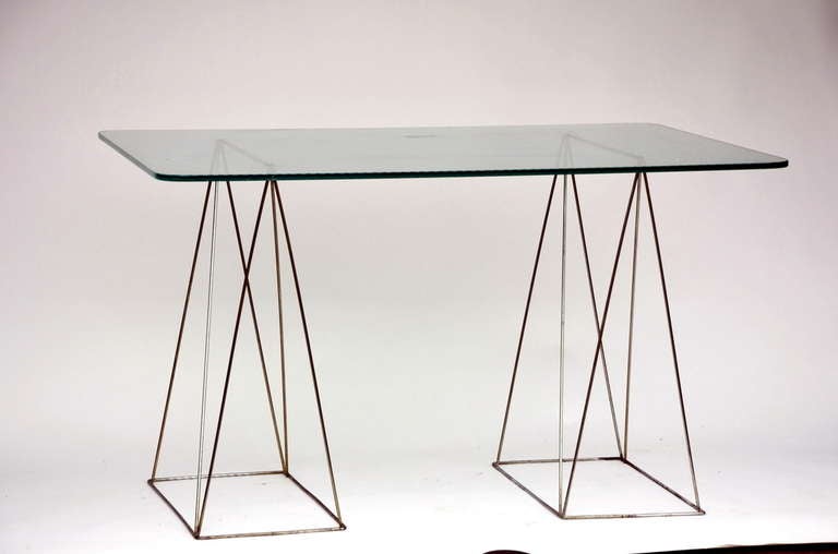 Minimalist Steel And Glass Trestle Table In Good Condition For Sale In Los Angeles, CA