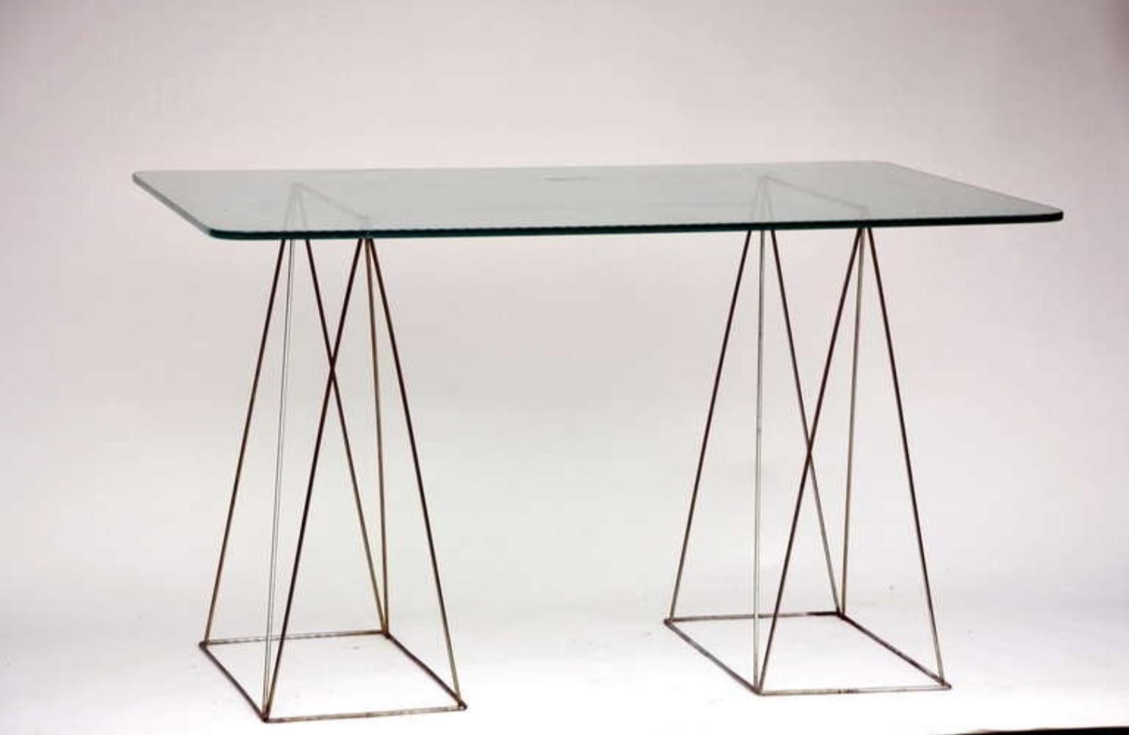 Minimalist Steel and Glass Trestle Table In Good Condition For Sale In Los Angeles, CA