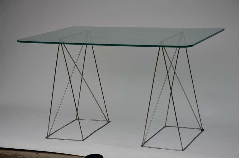 20th Century Minimalist Steel And Glass Trestle Table For Sale