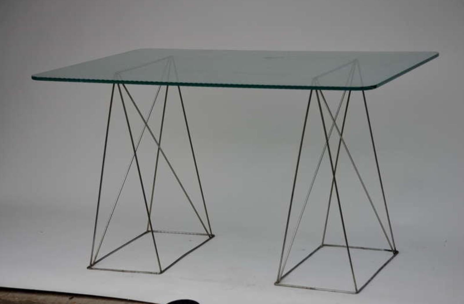 20th Century Minimalist Steel and Glass Trestle Table For Sale
