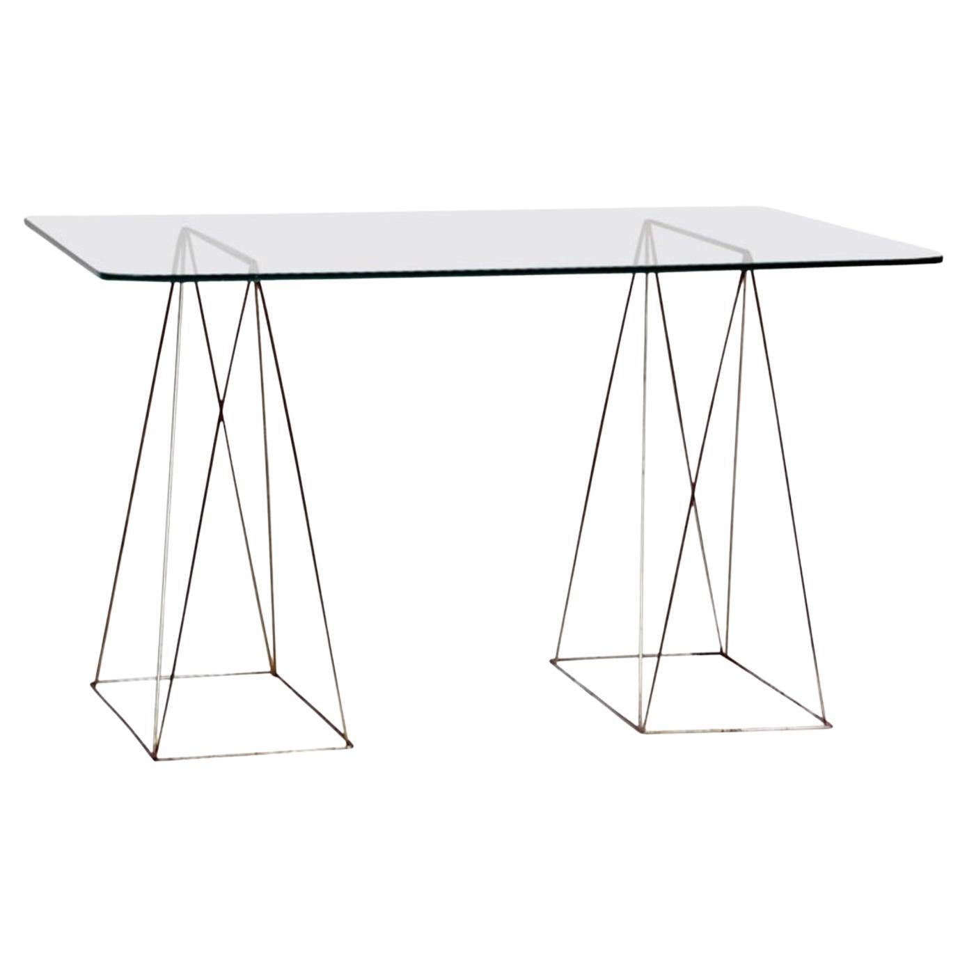 Minimalist Steel and Glass Trestle Table For Sale