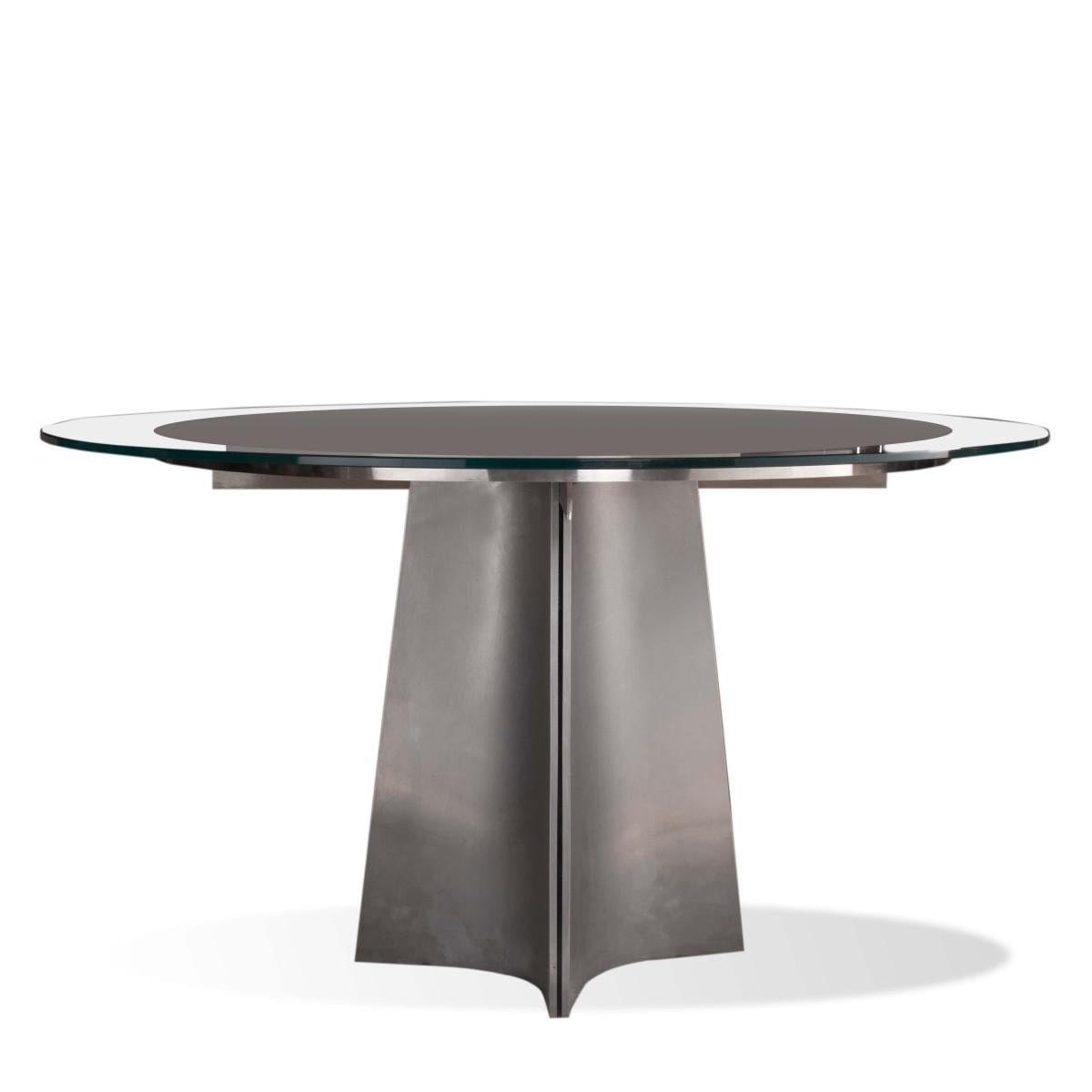 Italian Minimalist Steel and Glass Round Dining Table Attributed to Maison Jansen