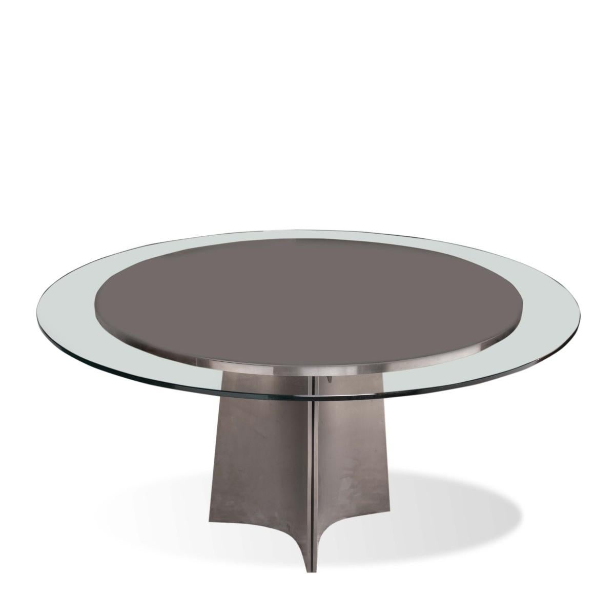 Brushed Minimalist Steel and Glass Round Dining Table Attributed to Maison Jansen