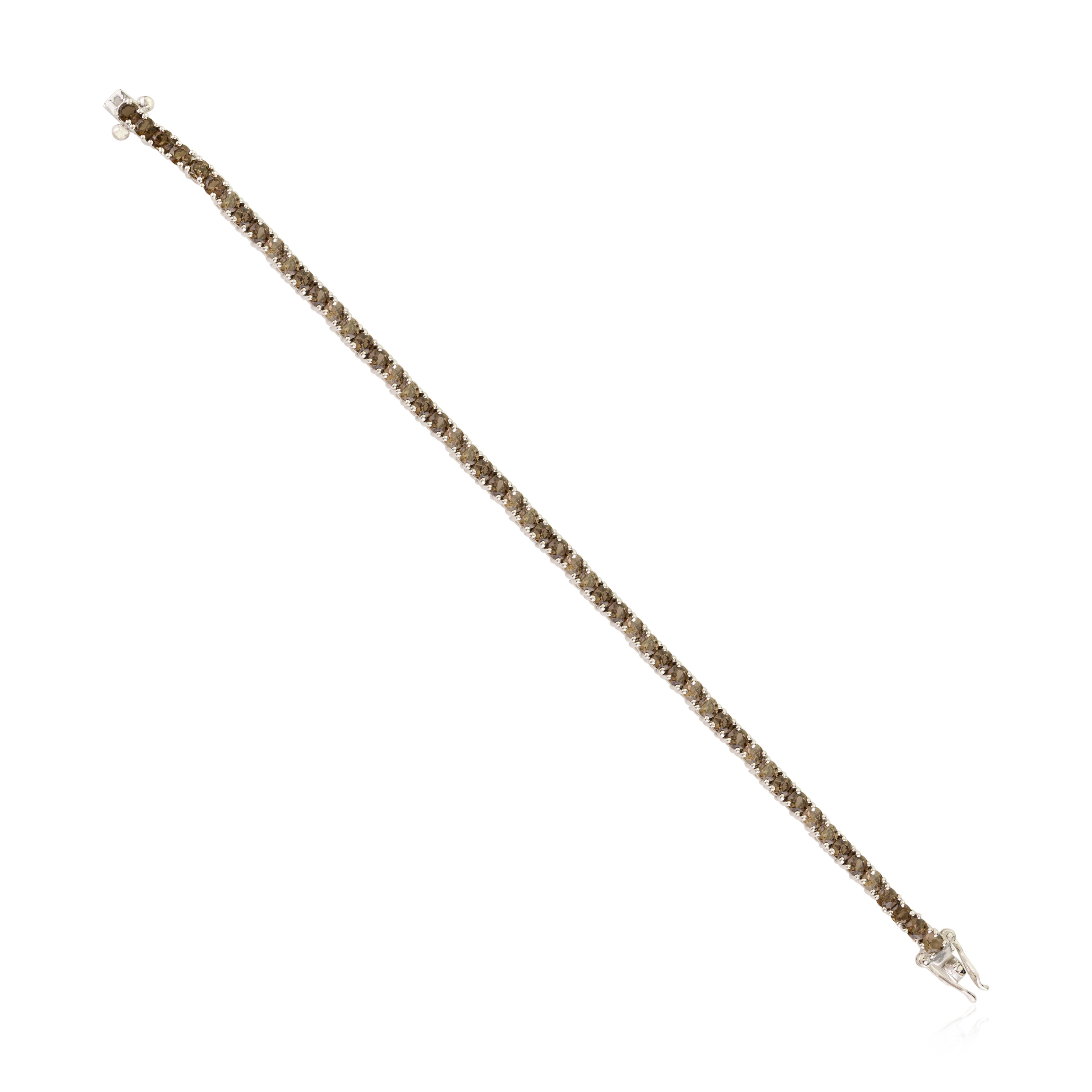 Art Nouveau Bracciale tennis minimalista in argento sterling con topazio marrone fumé rotondo per lei in vendita