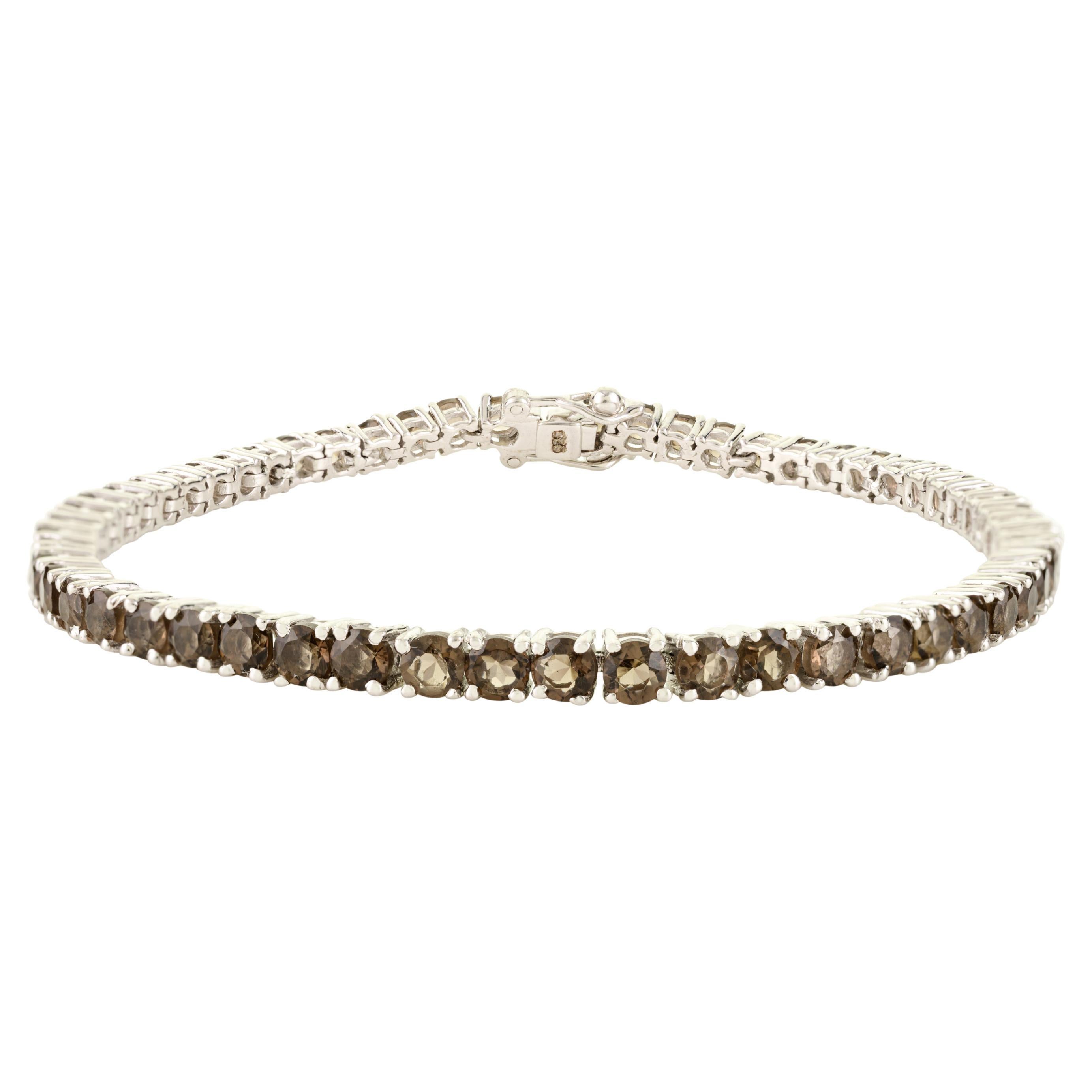 Bracciale tennis minimalista in argento sterling con topazio marrone fumé rotondo per lei in vendita