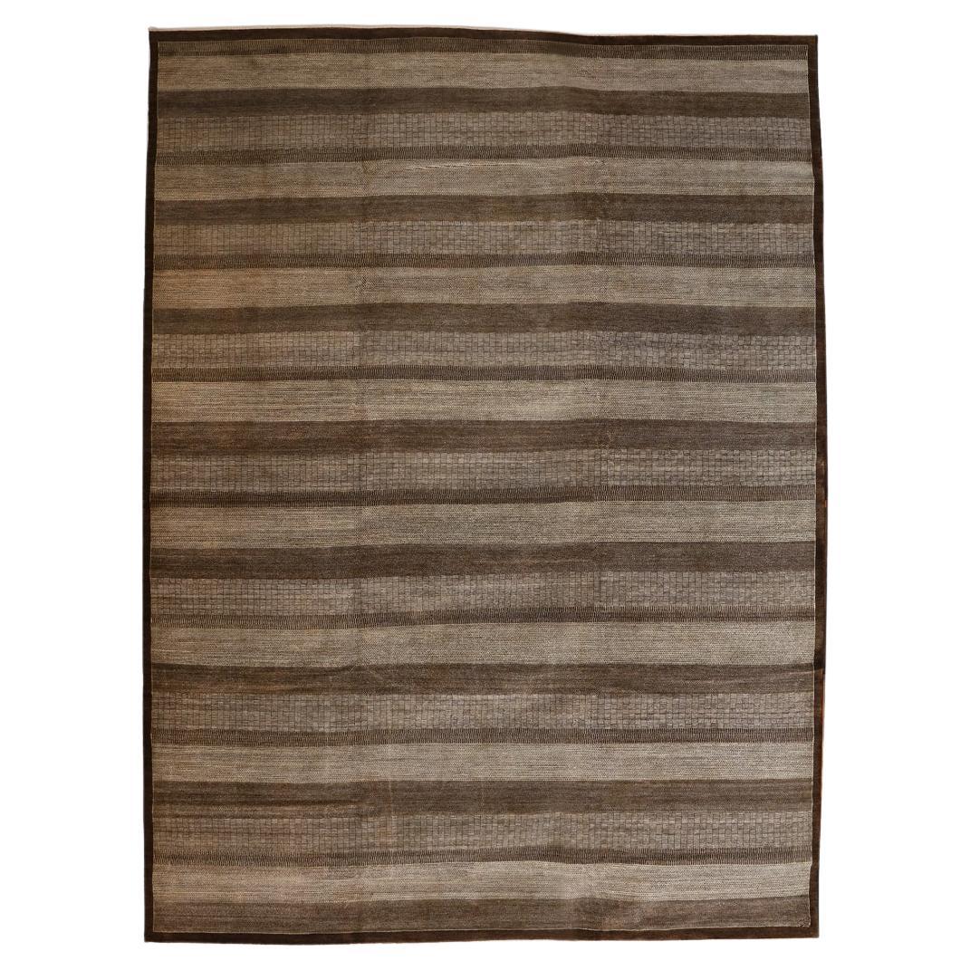 Tappeto persiano oversize in lana marrone e crema a righe minimalista, 12' x 17'