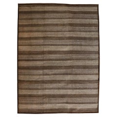 Minimalist Striped Brown and Cream Wool Oversized Persian Carpet, 12' x 17'
