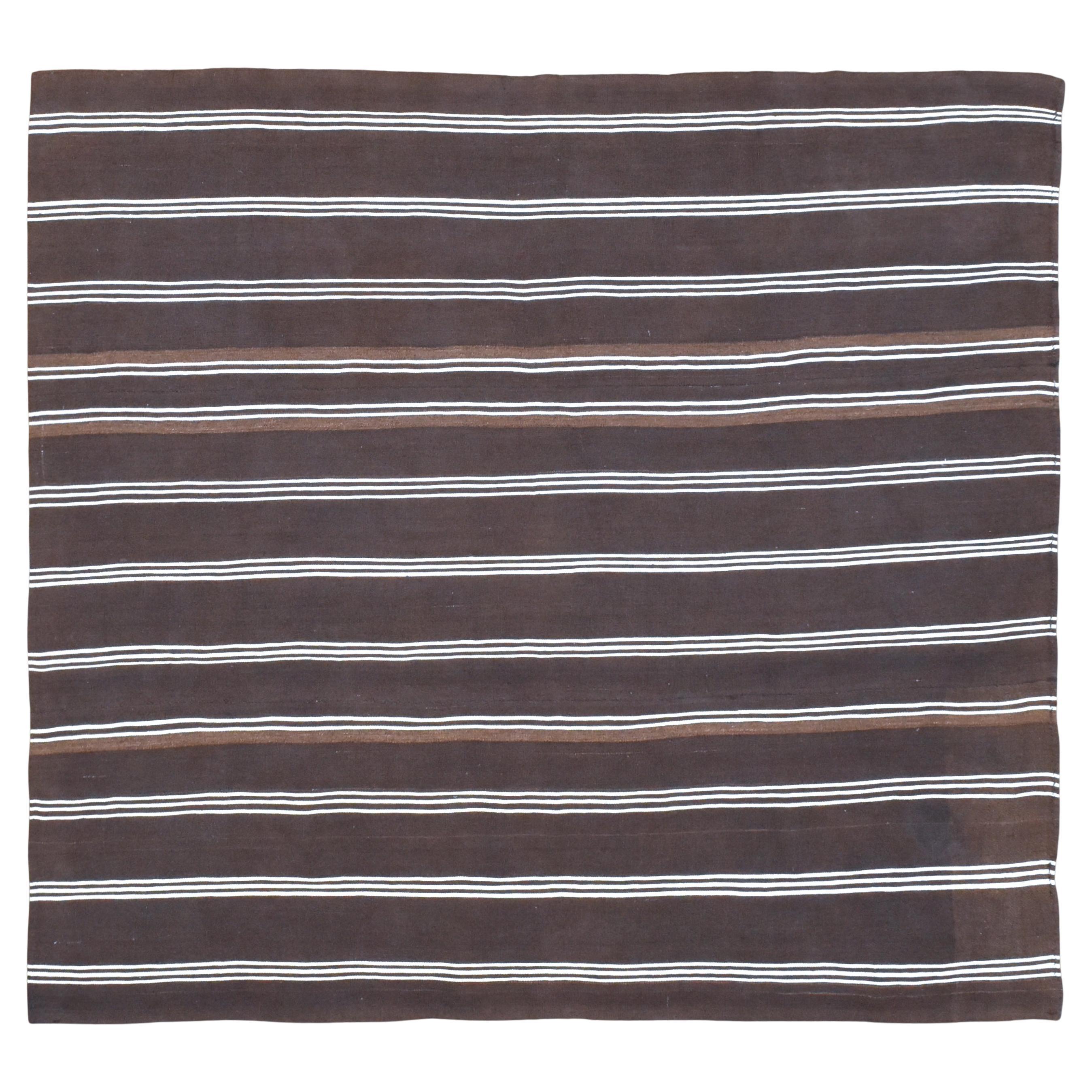 Minimalist Striped Warm Brown and Ivory Vintage Kilim 9'x9'2''