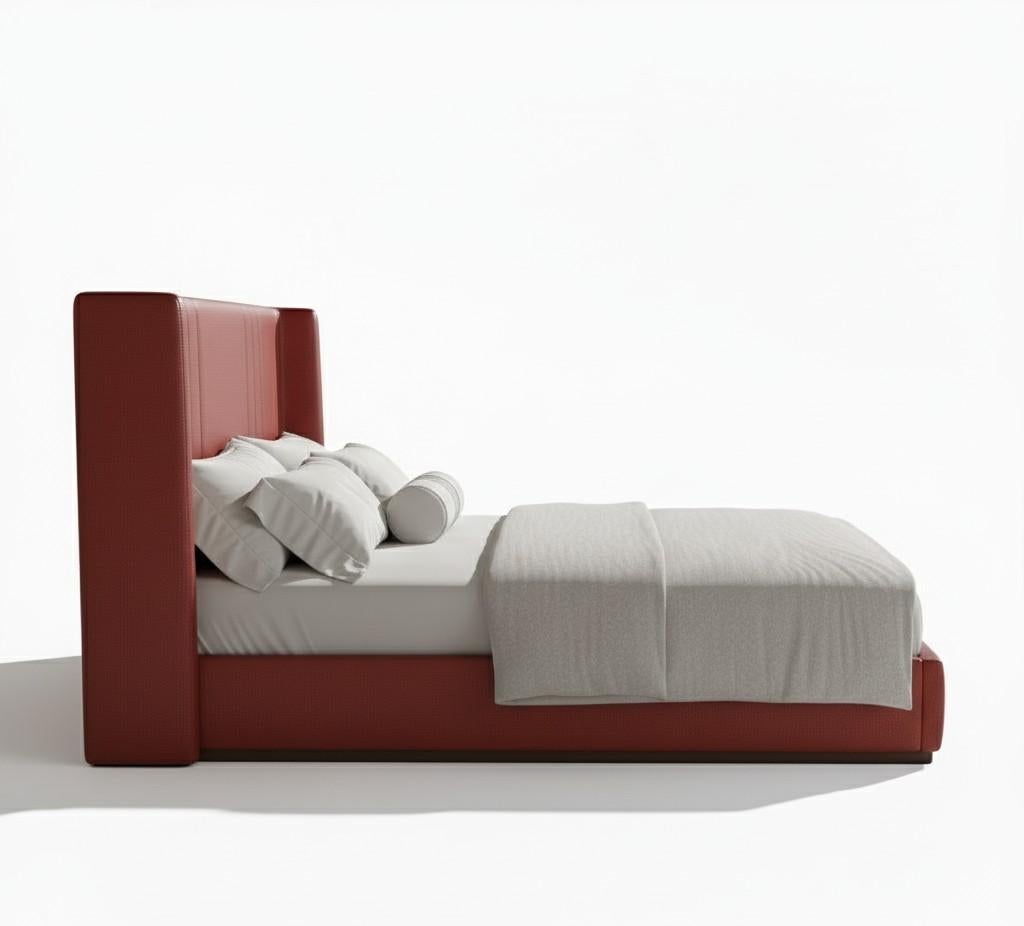 Dieses Bett ist ein Meisterwerk aus Leder mit einem Kopfteil, das mit minimalistischen, aber eleganten Nähten verziert ist, die das Bett zeitlos machen und sich nahtlos an jeden Einrichtungsstil anpassen. Das raffinierte Design strahlt Raffinesse