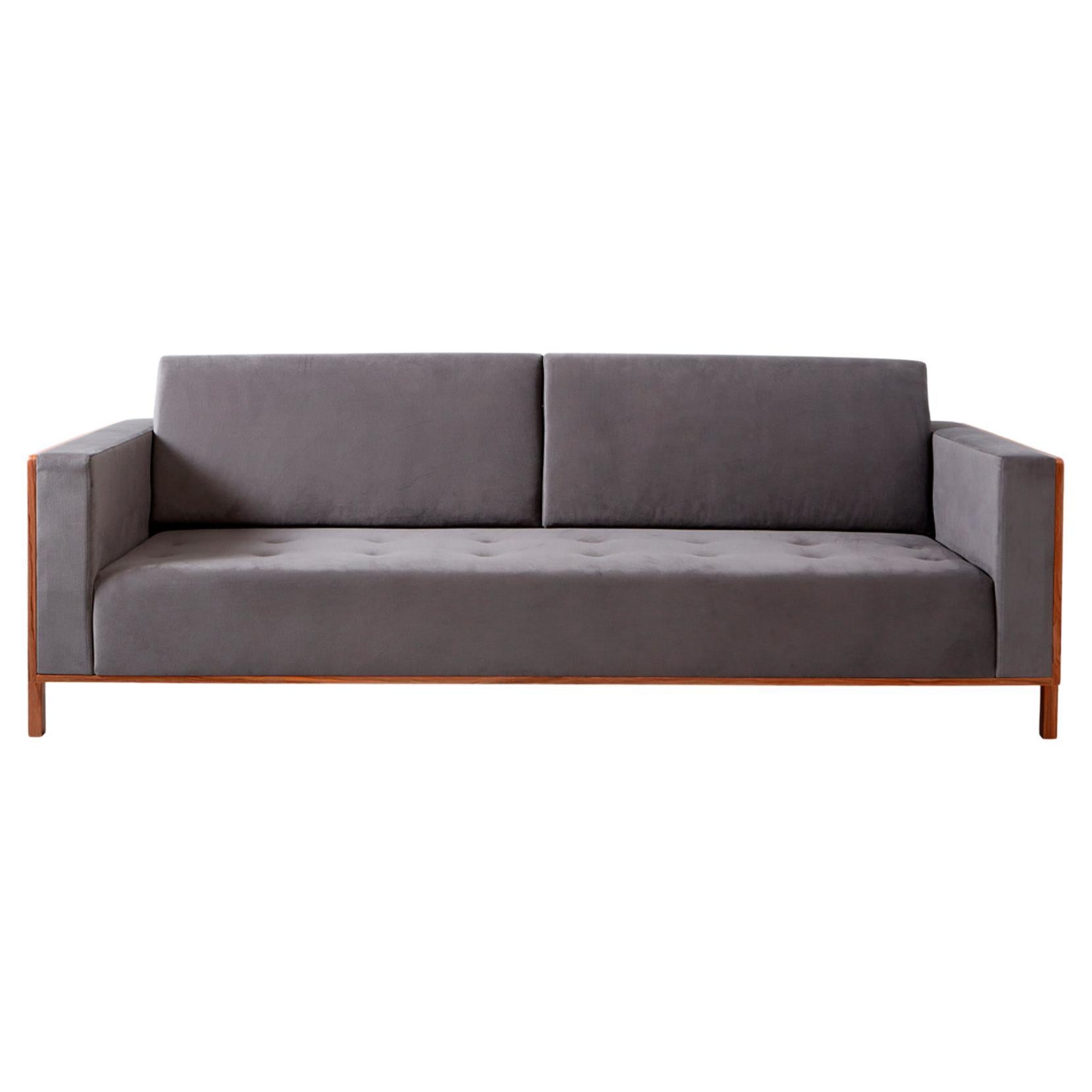 Sofá "Lina" de estilo minimalista, tapizado en tela, laterales de madera natural