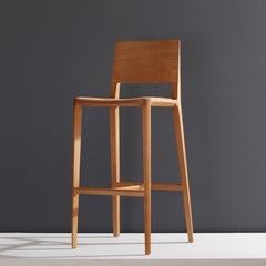 Minimalist Style, Stool in Natural Solid Wood, Leather Seating