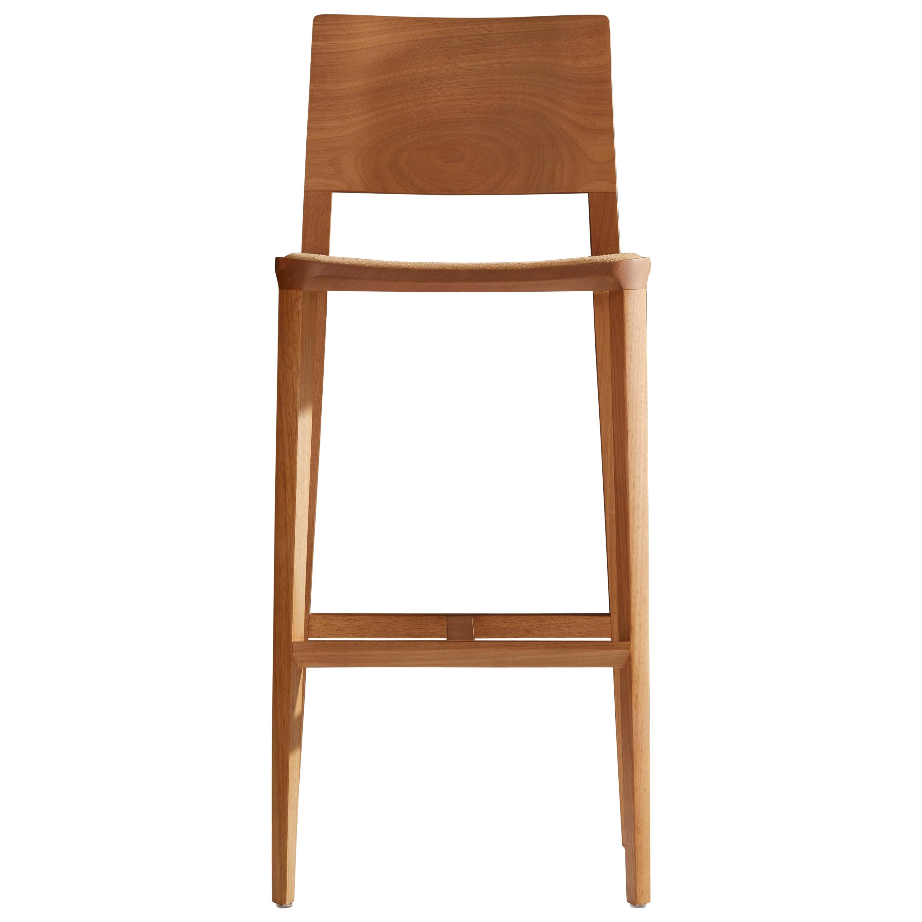 Minimalist Style, Stool in Natural Solid Wood, Leather Seating