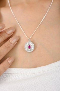 Minimalist Sunburst Ruby and Diamond Halo Pendant in 18k White Gold for Women