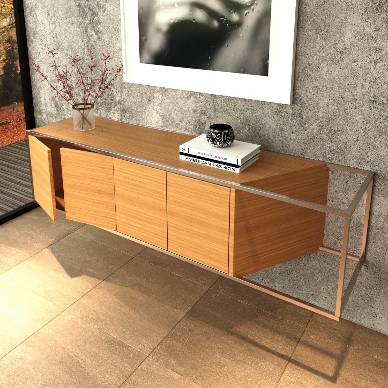 Modern Minimalist Suspended Credenza Sideboard Black Oak Wood and Black Lacquer For Sale 9