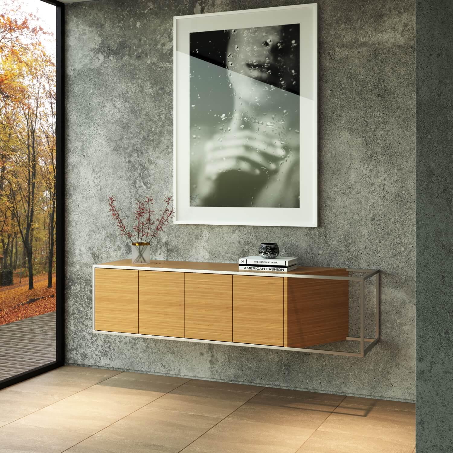Modern Minimalist Suspended Credenza Sideboard in Walnut Wood and Brushed Brass For Sale 3