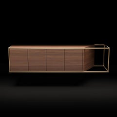 Aparador Credenza Suspendido Minimalista Moderno en Madera de Nogal y Latón Cepillado