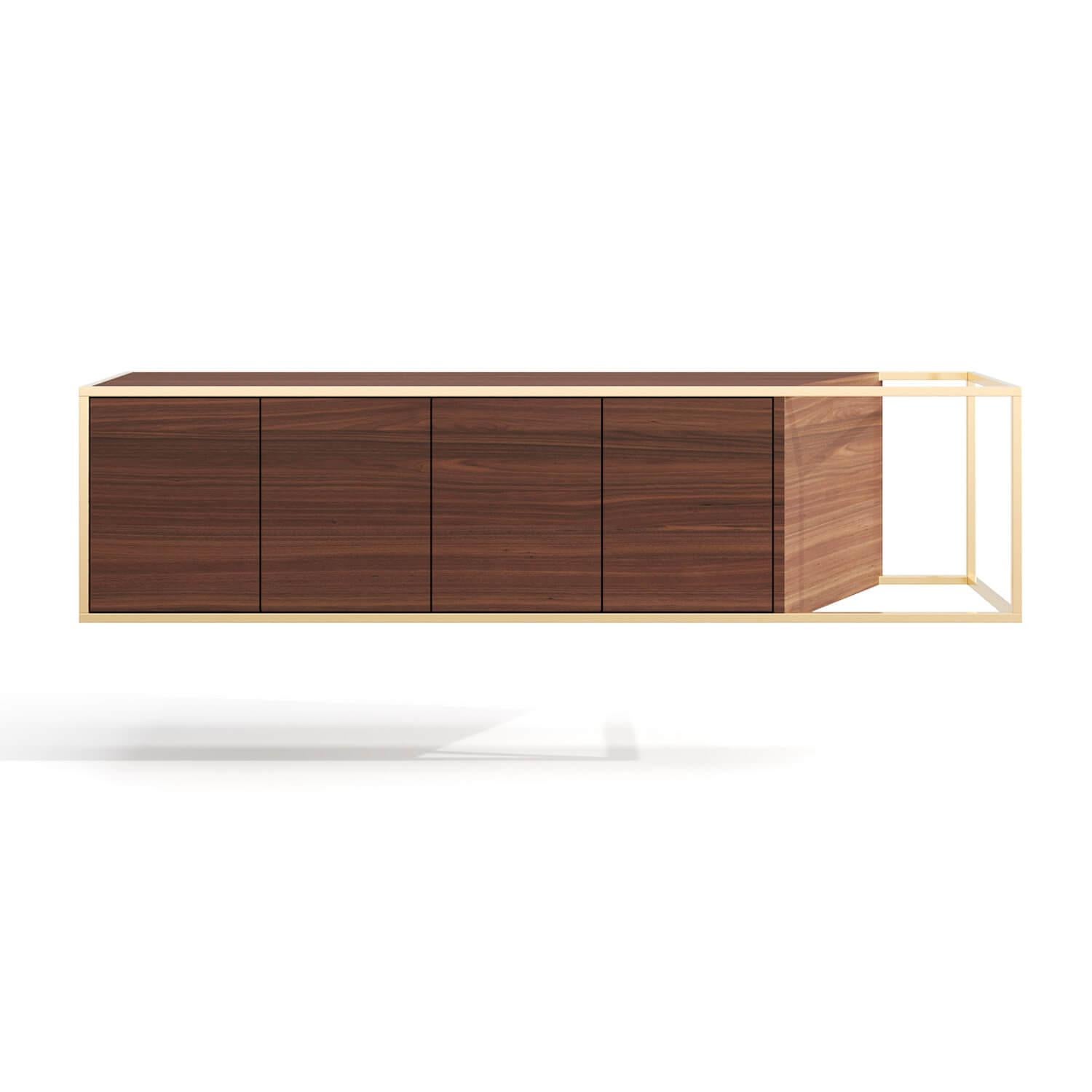 Portuguese Modern Minimalist Suspended Credenza Sideboard in Walnut Wood and Brushed Brass For Sale