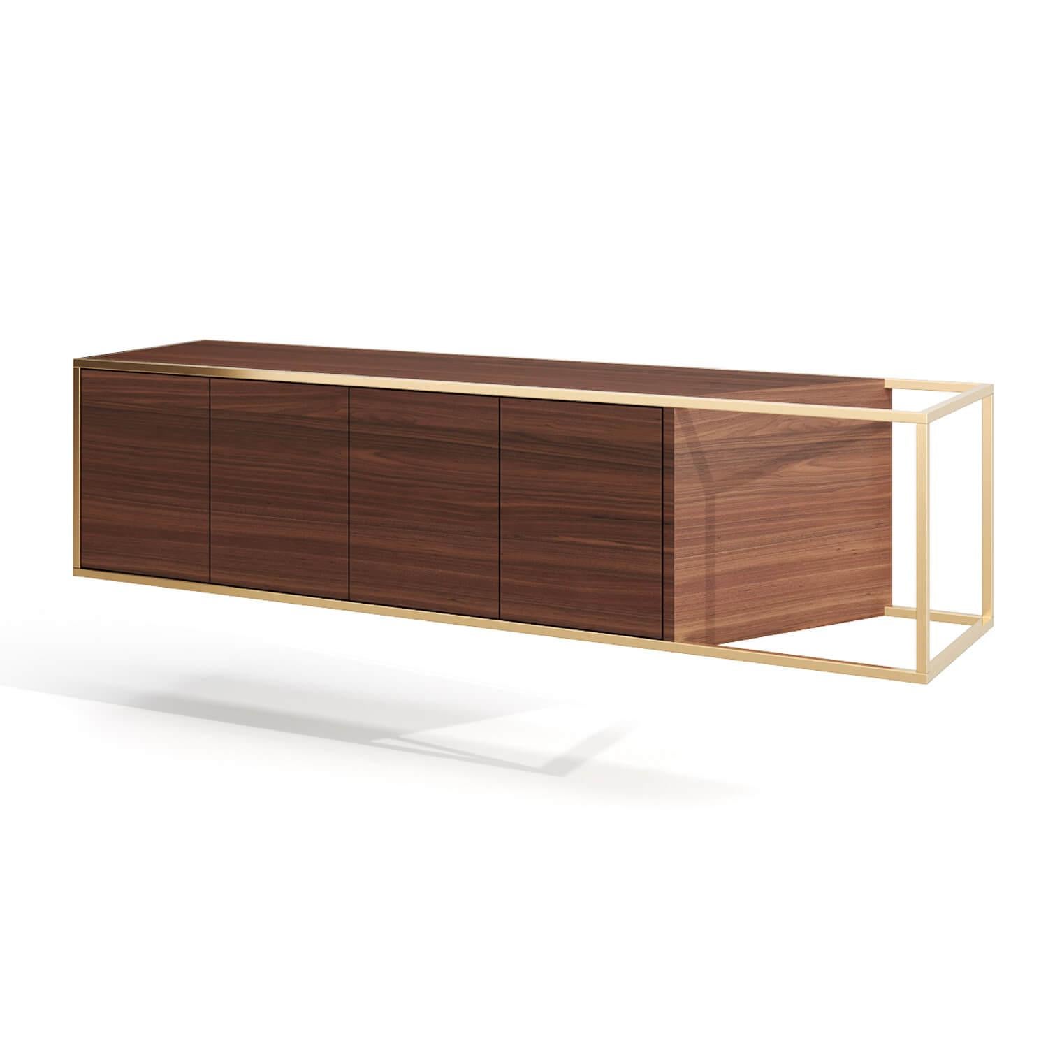Lacquered Modern Minimalist Suspended Credenza Sideboard in Walnut Wood and Brushed Brass For Sale