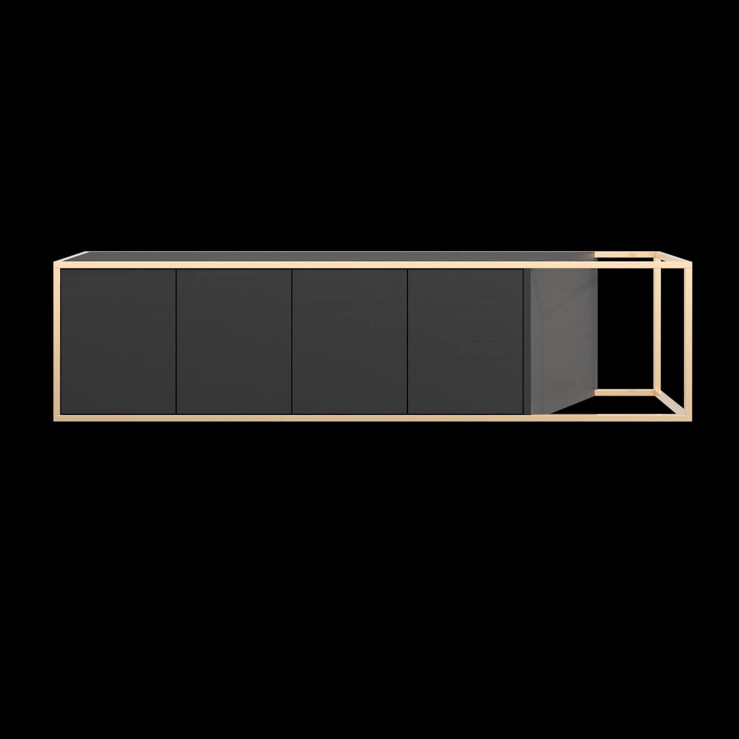 Contemporary Modern Minimalist Suspended Credenza Sideboard in Walnut Wood and Brushed Brass For Sale
